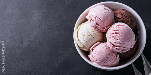 Bowl of ice cream with multiple scoops, melting slightly at the sides