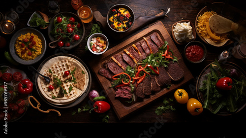 variety of Mexican food, including tacos, salsa, beans, and vegetables