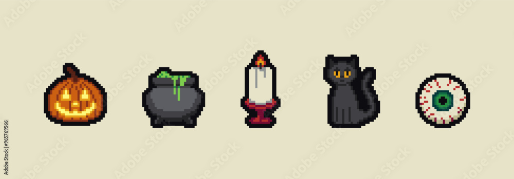 Pixel Art Cartoon Halloween icons and objects. 8-bit pixel game graphics design. Halloween set of funny witch, hat, night cat, bat, potion, tomb stone Pixel Art Cartoon Halloween icons and objects. 8-bit pixel game graphics design. Halloween set of funny witch, hat, night cat, bat, potion, tomb stone