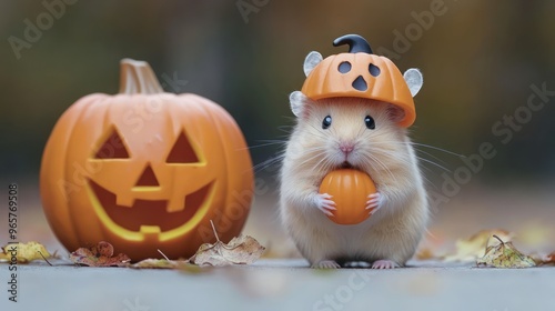 Adorable Pumpkin Hamster Celebrating Halloween with Jack-O'-Lantern, Halloween , Generative AI