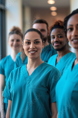 A group of diverse healthcare professionals in scrubs, standing together in a hospital corridor, looking confident and ready to assist patients.