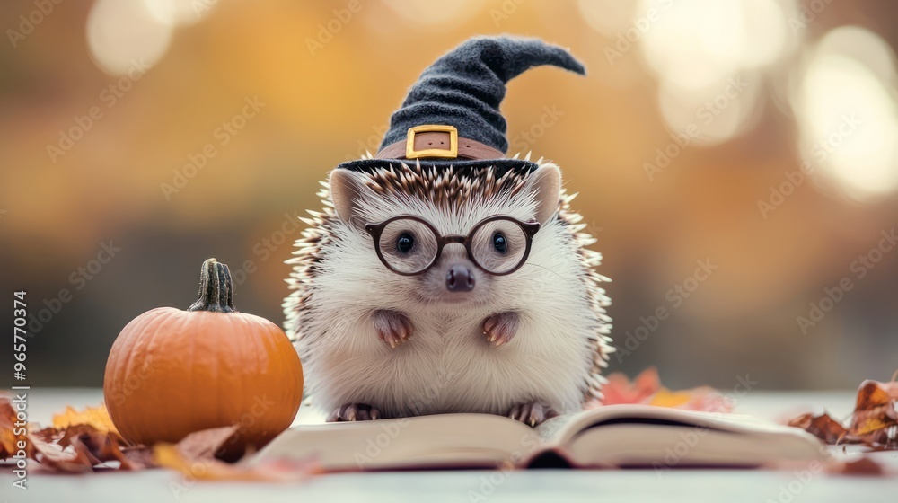 Enchanting Wizard Hedgehog in Glasses and Hat Surrounded by Spellbook - Magical Halloween Pet, Halloween , Generative AI Enchanting Wizard Hedgehog in Glasses and Hat Surrounded by Spellbook - Magical Halloween Pet, Halloween , Generative AI