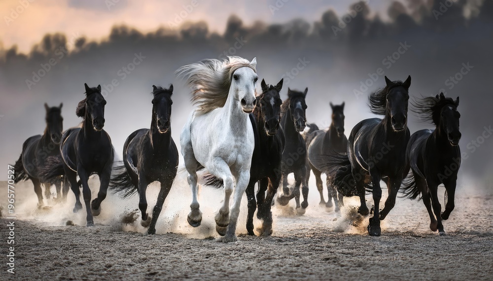 Obraz premium striking scene of a white horse standing prominently in the foreground, surrounded by a group of black horses. The background is shrouded in mist, creating a dramatic atmosphere.