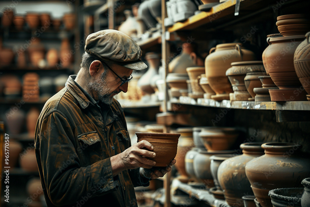 Generative AI photo craftsman shaping clay pot on spinning wheel in pottery studio surrounded by ceramic pieces Generative AI photo craftsman shaping clay pot on spinning wheel in pottery studio surrounded by ceramic pieces