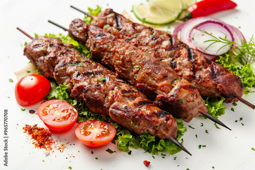 AI generated image of a tasty grilled meat dinner isolated on white background AI generated image of a tasty grilled meat dinner isolated on white background