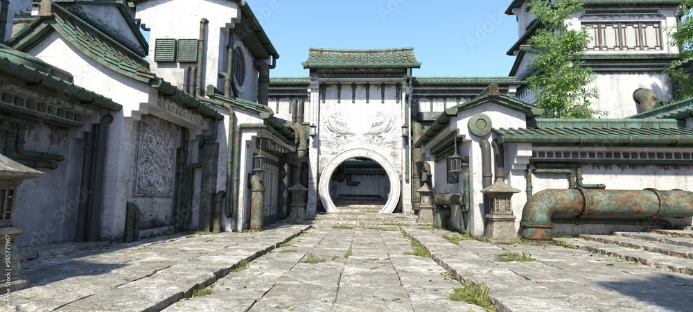 Fototapeta premium 3D illustration of an ancient Asian courtyard with traditional buildings, a large gate, and stone pathways under a clear sky.
