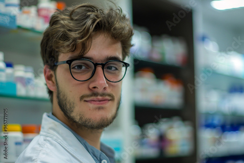 Pharmacist with a white lab coat standing confidently in front of medicine shelves generative AI