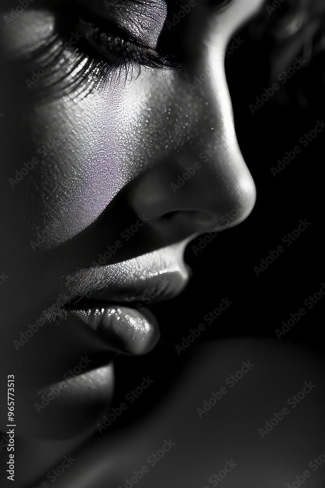 A woman's face is shown in a black and white photo, with her eyes closed and her mouth slightly open A woman's face is shown in a black and white photo, with her eyes closed and her mouth slightly open