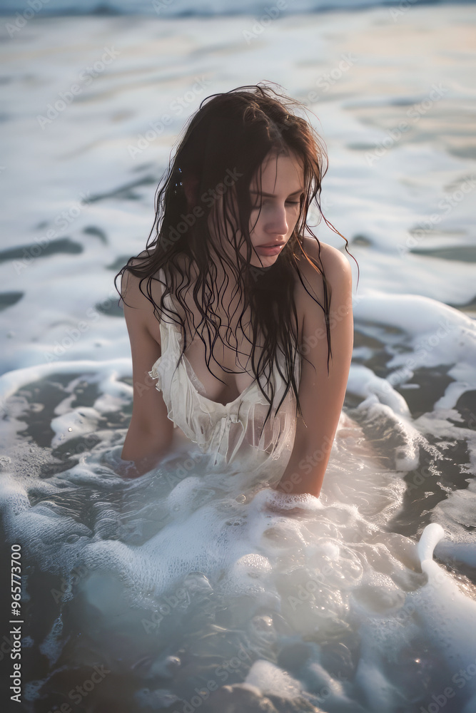 Obraz premium Young woman in a white dress sitting in the ocean waves at dusk, conveying introspection and calm