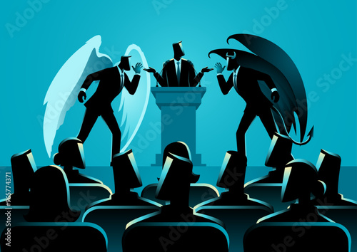 Man at a podium, caught between an angel on the right and a devil on the left. Symbolizes moral conflict, decision-making, and the inner struggle between good and evil. Ideal for politics and ethics