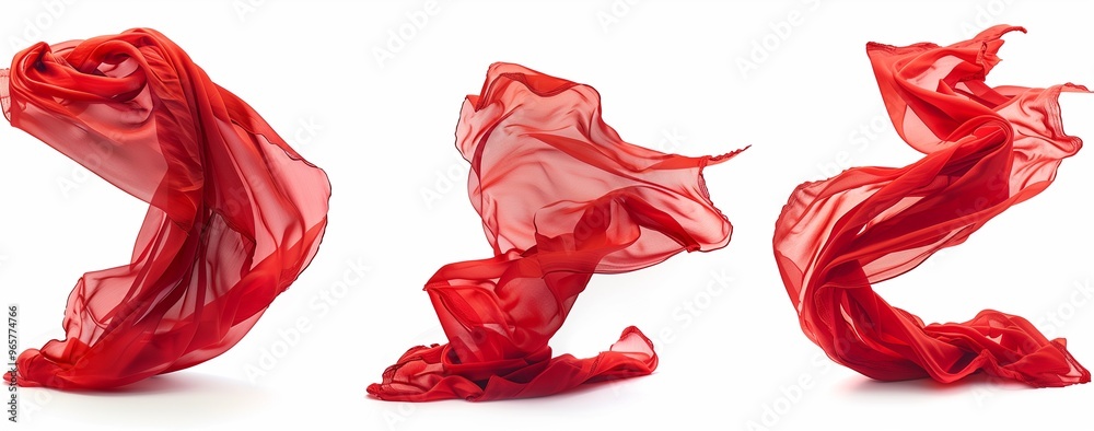 Set of three red silk fabrics flying in the wind, isolated on a white background. Set of three red silk fabrics flying in the wind, isolated on a white background.