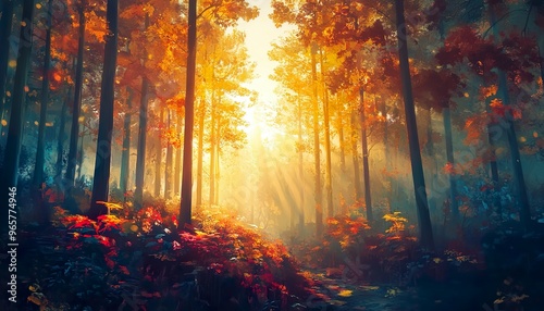 sunset in forest