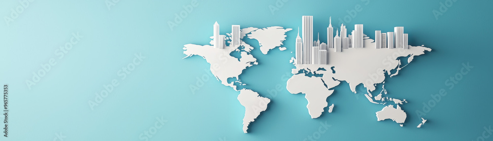 Paper-cut world map with city skyline overlay, representing global urbanization and international connectivity, against a blue background. Paper-cut world map with city skyline overlay, representing global urbanization and international connectivity, against a blue background.