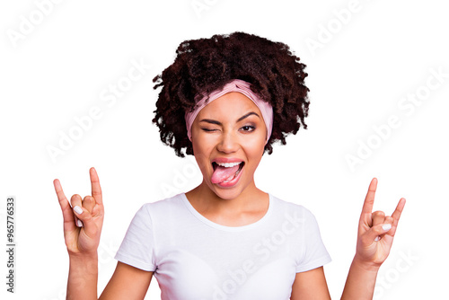 Close up photo amazing beautiful she her dark skin lady great cool event concert arms hands metal party tongue out mouth childish wear head scarf casual white t-shirt isolated pink bright background