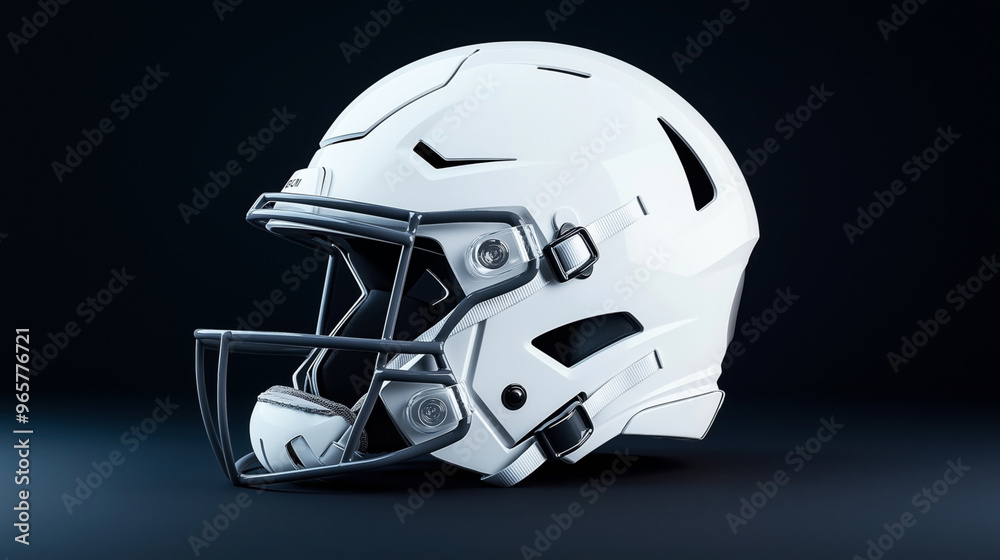 Close-up image of a modern, white American football helmet with a faceguard, positioned on a dark background. Close-up image of a modern, white American football helmet with a faceguard, positioned on a dark background.