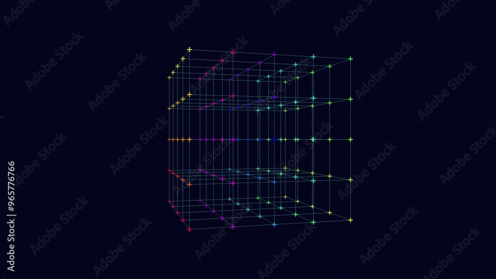 A vibrant 3D cube composed of multicolored lines arranged in a grid pattern. Each line forms a distinct hue, resulting in an eye-catching visual display