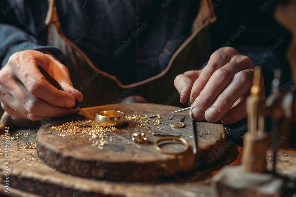 Close up of a male jeweler working on wooden table in his workshop Close up of a male jeweler working on wooden table in his workshop