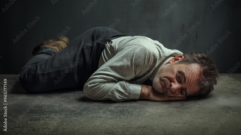 Middle-aged man lies on the floor, resting his head on his hand. The scene appears contemplative, with a sense of exhaustion or deep reflection. Middle-aged man lies on the floor, resting his head on his hand. The scene appears contemplative, with a sense of exhaustion or deep reflection.
