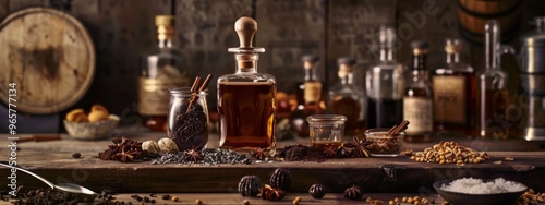 Rustic bar counter with bottles and spices set against a wooden backdrop