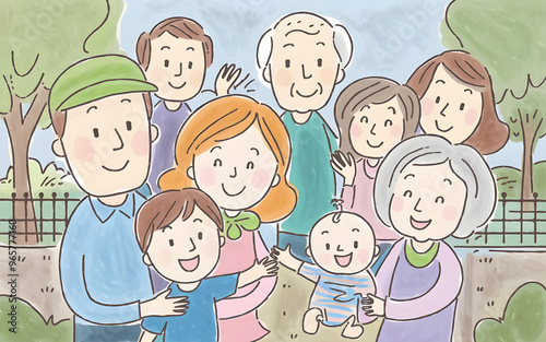 Happy Family Portrait in a Park with Green Trees