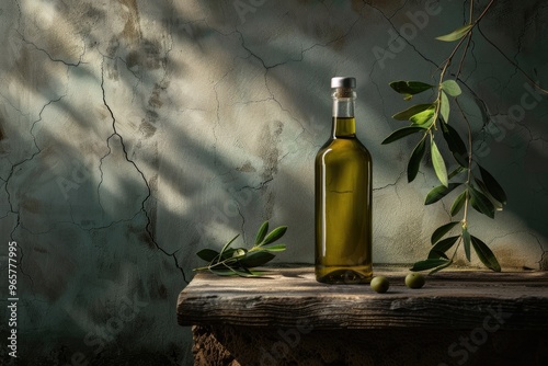 Rustic Olive Oil Bottle with Olive Branch on Dark Textured Background