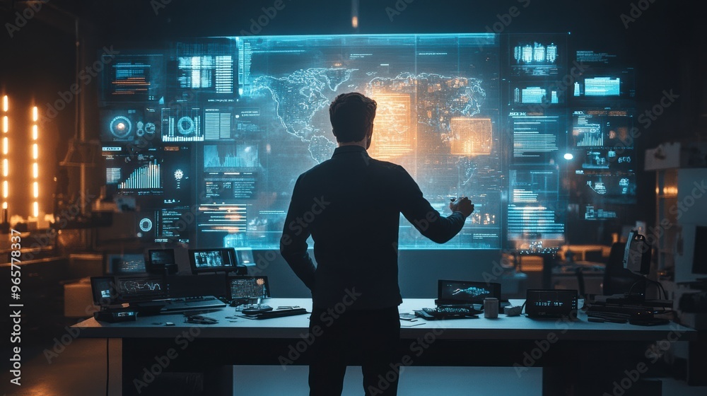 Software developer working with big data on transparent display wall in monitoring room Software developer working with big data on transparent display wall in monitoring room