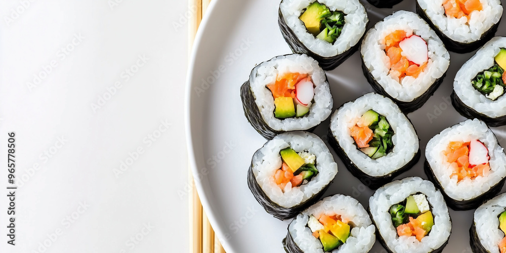Sushi rolls sliced and arranged on a serving dish with seaweed and toppings Sushi rolls sliced and arranged on a serving dish with seaweed and toppings