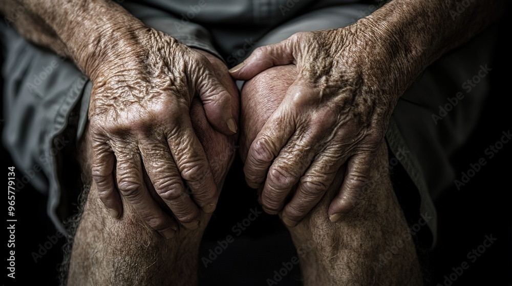Fototapeta premium Detailed close-up of an elderly man’s knee, showing intense pain.