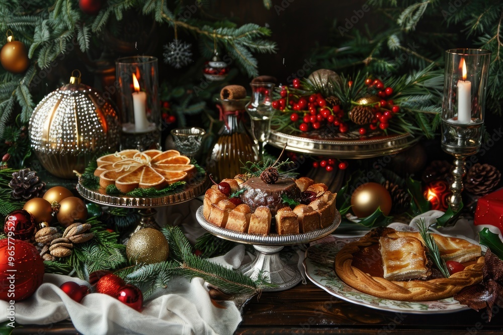 Festive Holiday Dessert Table with Pies, Cookies, and Seasonal Decor