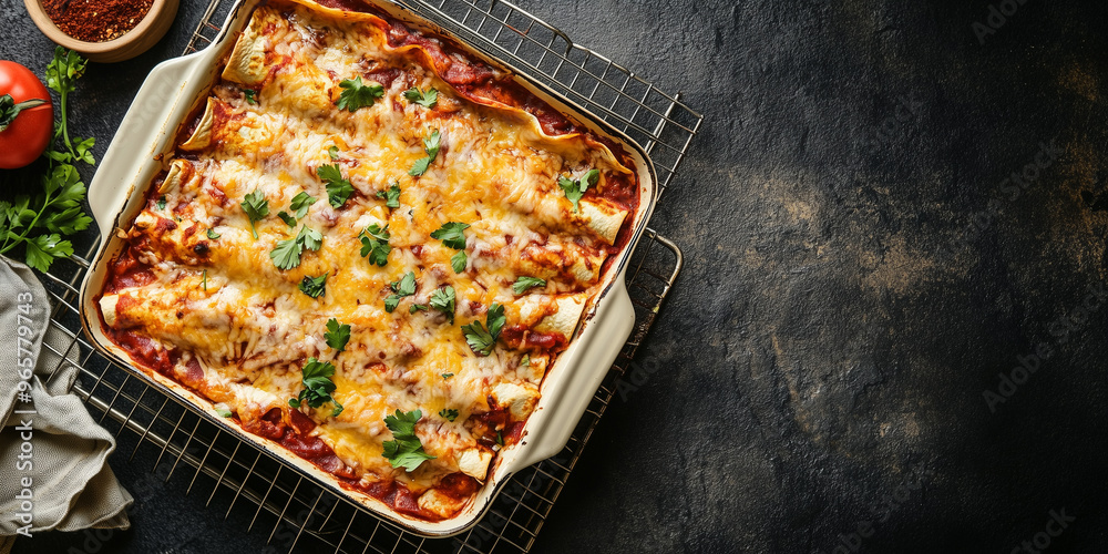 Whole enchilada dish cooling on a wire rack after baking Whole enchilada dish cooling on a wire rack after baking