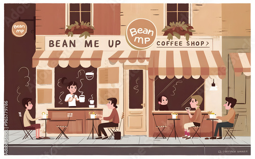 Coffee Shop Illustration   People Sitting Outside Cafe   Cartoon Style