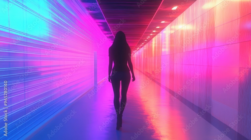 Glitchy render of casual woman walking in surreal underground retro office Glitchy render of casual woman walking in surreal underground retro office