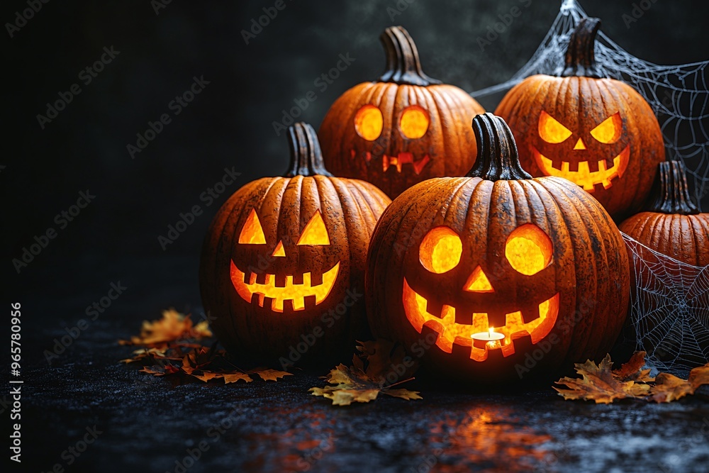 A collection of mischievous jack-o'-lanterns glowing on a dark background, perfect for Halloween promotions, spooky events, or themed parties with ample copy space. A collection of mischievous jack-o'-lanterns glowing on a dark background, perfect for Halloween promotions, spooky events, or themed parties with ample copy space.