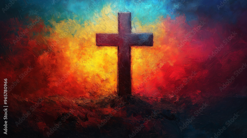A colorful painting of a cross with a red and yellow background A colorful painting of a cross with a red and yellow background