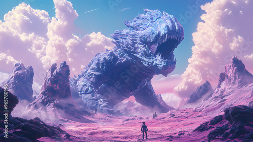 Giant monster in metaverse alien planet landscape. Alien Planet. Illustration photo