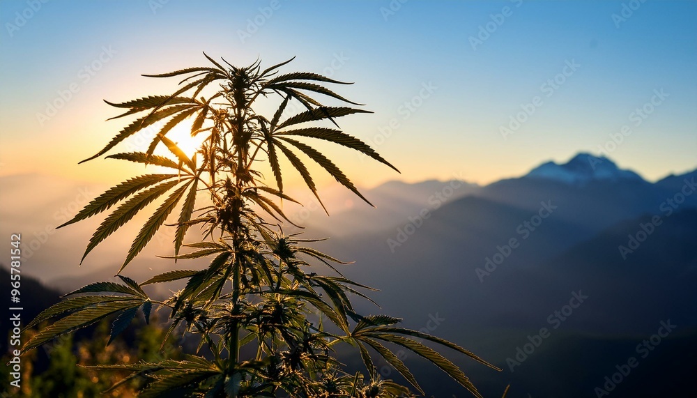 Obraz premium Cannabis plant silhouette against mountain backdrop, growth and adventure
