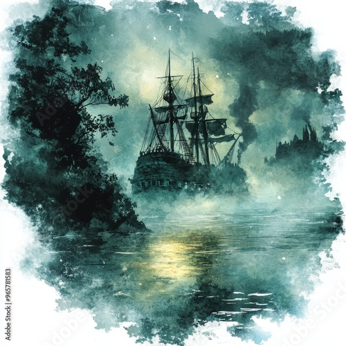 A ship sails into a foggy, watercolor-painted harbor.