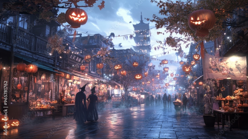 A fog-filled Halloween market in an ancient city jack-o-lanterns lighting the narrow streets A fog-filled Halloween market in an ancient city jack-o-lanterns lighting the narrow streets