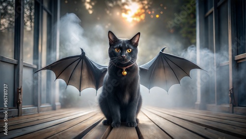 Black cat in a bat costume, wings spread out, standing on a spooky mist-covered porch, [animals in Halloween costumes], [Halloween cat photography] photo