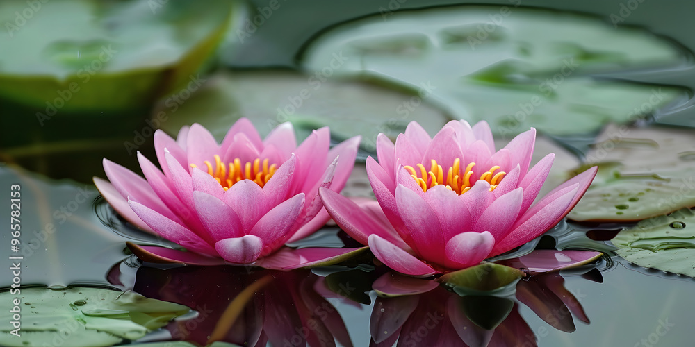 A beautiful water landscape with pink lotus flowers in the foreground and a tranquil lake A beautiful water landscape with pink lotus flowers in the foreground and a tranquil lake