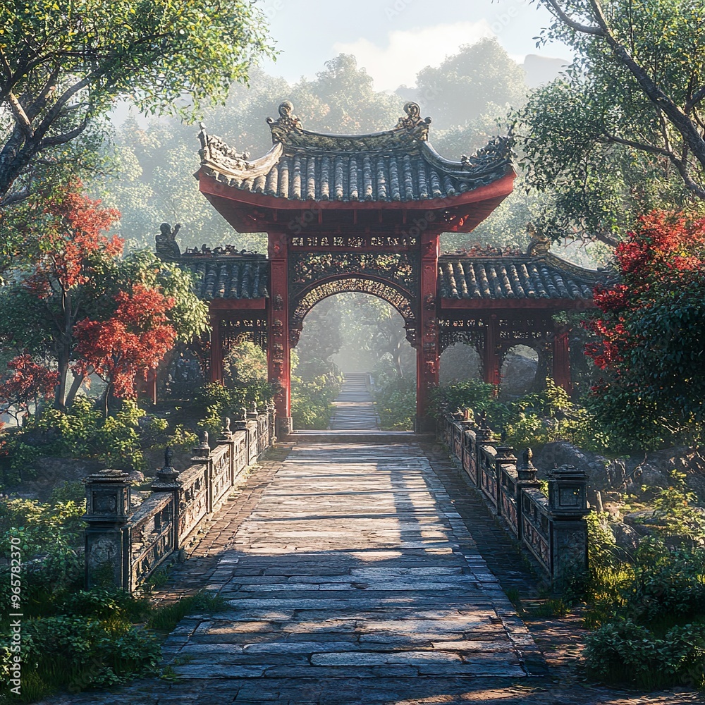 Obraz premium Ancient Chinese architecture with intricate stone bridges and serene garden walkways picture
