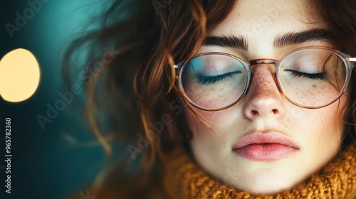 A woman with freckles and wearing glasses, with her eyes closed, emanates a serene and peaceful expression while dressed in a cozy sweater under soft lighting.