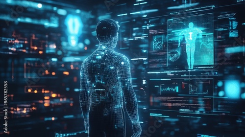 Abstract Doctor wireframe digital and hologram interface concept Medical data analysis In visual form Modern future,Medicine that uses artificial intelligence in processing And treatment of future 