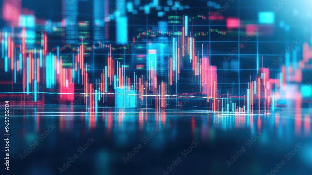 Vibrant digital stock market data visualization with fluctuating graphs and illuminated indicators in a futuristic setting Vibrant digital stock market data visualization with fluctuating graphs and illuminated indicators in a futuristic setting