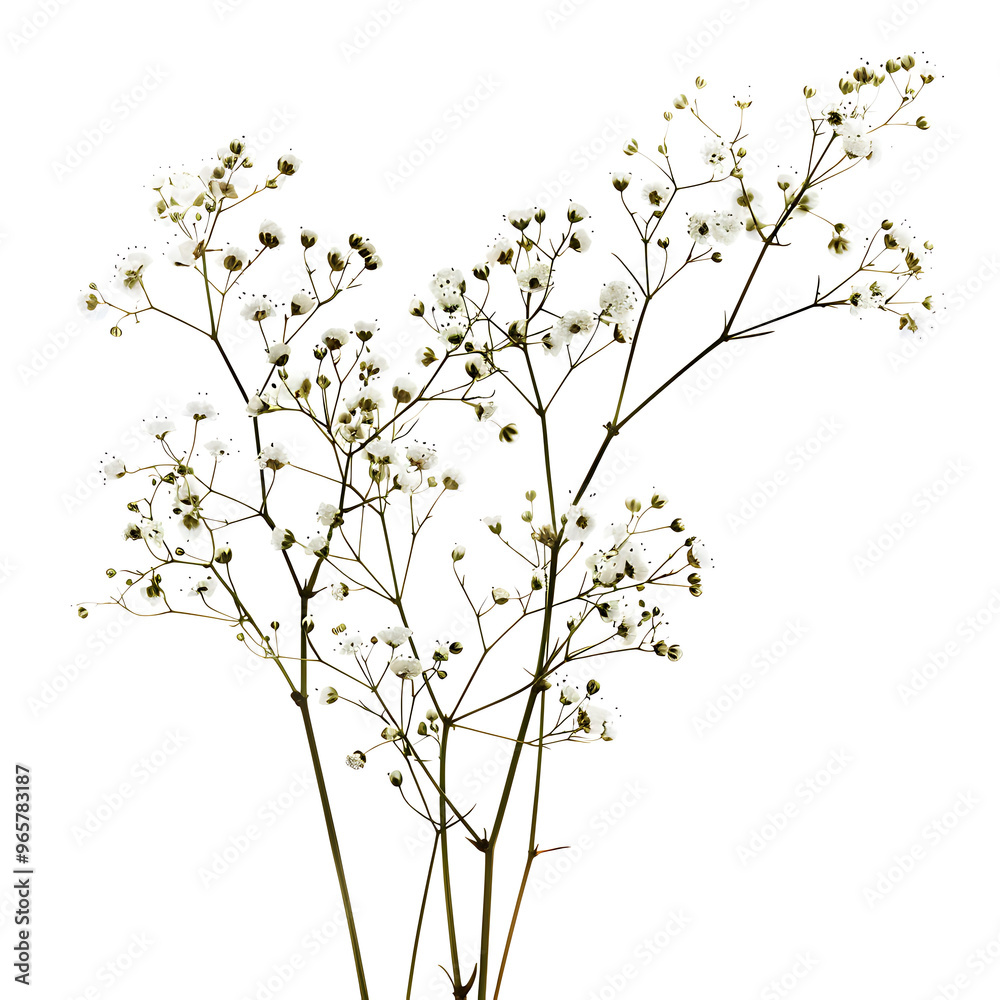 Soft and Delicate Baby's Breath Flower Sprig in Natural Setting, flower Photography, Cherry blossoms Akebono Close up , Isolated on white Backgroud, 

