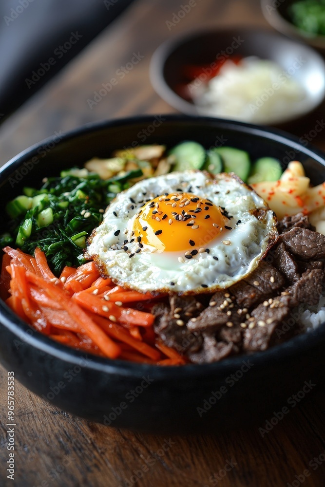 Bibimbap: A mixed rice dish with sautéed vegetables, chili paste, beef, and a fried egg on top, traditionally stirred together before eating. Bibimbap: A mixed rice dish with sautéed vegetables, chili paste, beef, and a fried egg on top, traditionally stirred together before eating.