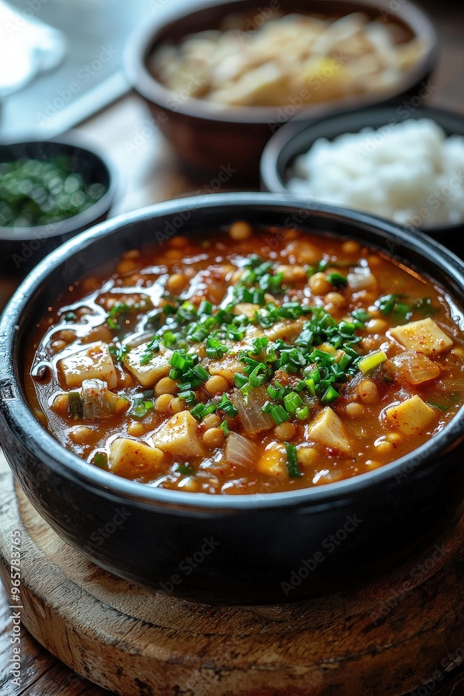 Cheonggukjang: A fermented soybean stew known for its strong smell and hearty flavor, often eaten with rice and side dishes. Cheonggukjang: A fermented soybean stew known for its strong smell and hearty flavor, often eaten with rice and side dishes.