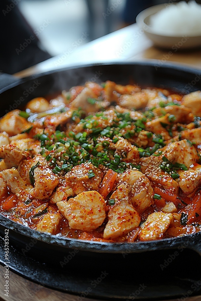 Dak Galbi: Spicy stir-fried chicken with vegetables and chili paste, often cooked at the table and served with rice. Dak Galbi: Spicy stir-fried chicken with vegetables and chili paste, often cooked at the table and served with rice.