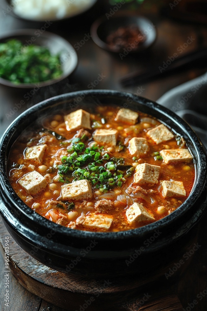 Doenjang Jjigae: A traditional soybean paste stew with tofu, vegetables, and occasionally seafood, rich in umami flavors. Doenjang Jjigae: A traditional soybean paste stew with tofu, vegetables, and occasionally seafood, rich in umami flavors.
