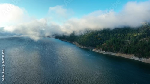 Aerial of low clouds above the Palisades Reservoir on the Snake River in Idaho. photo